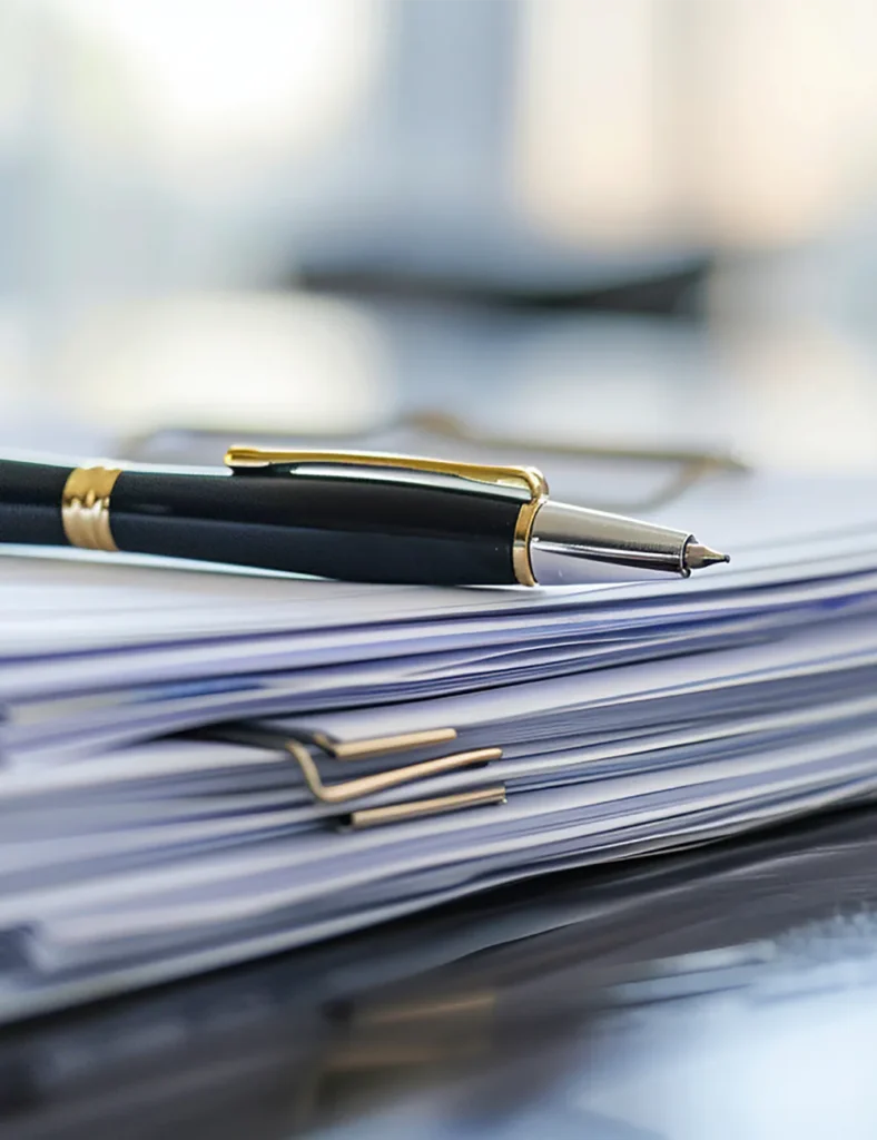 Close up image of pen on a stack of papers